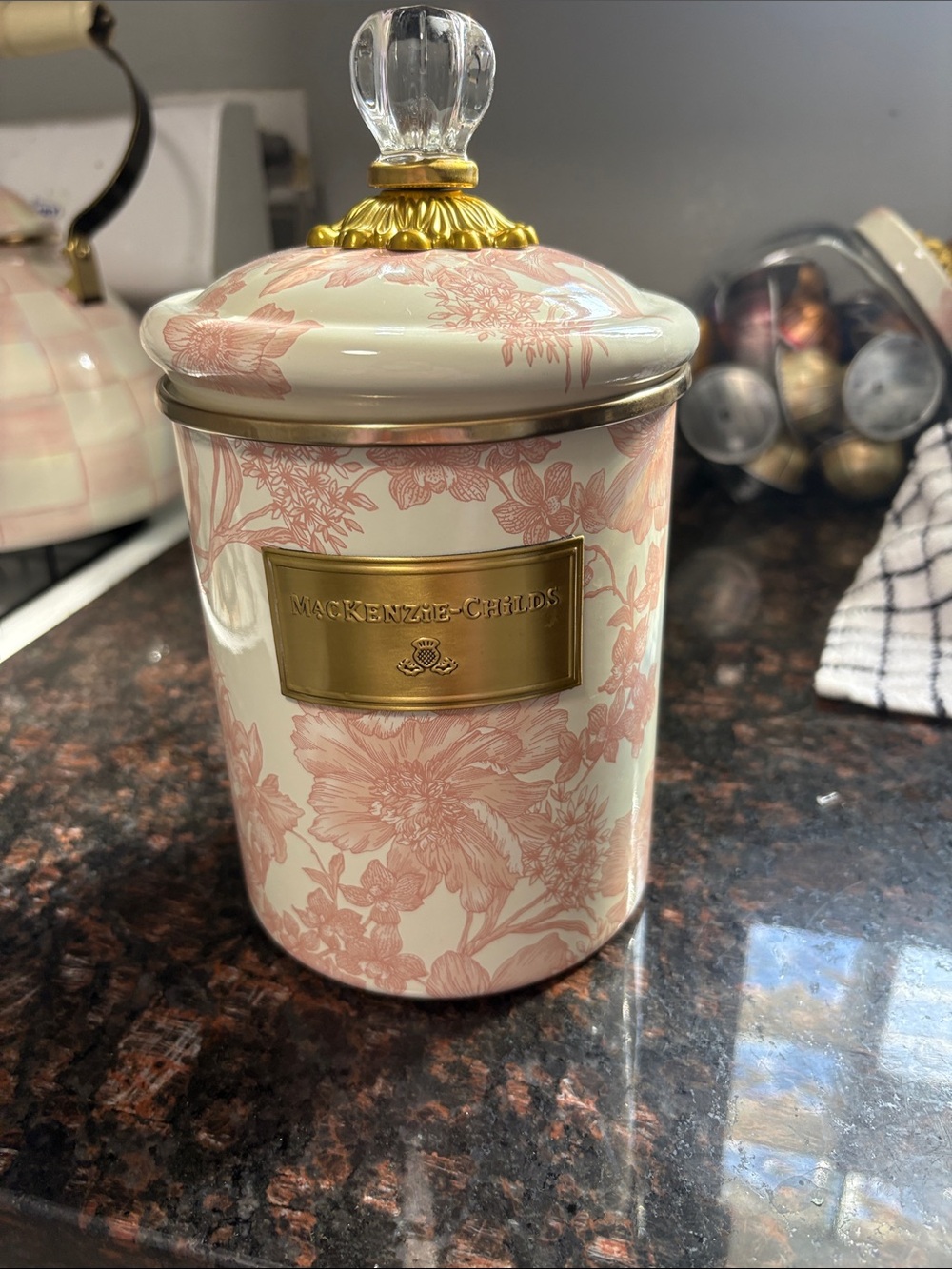 MacKenzie-Childs Pink and Gold Floral Ceramic Canister with Glass Finial - small